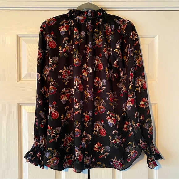 Ann Taylor Black Ruffle Long Sleeve Floral Print Blouse, M - Picture 2 of 11